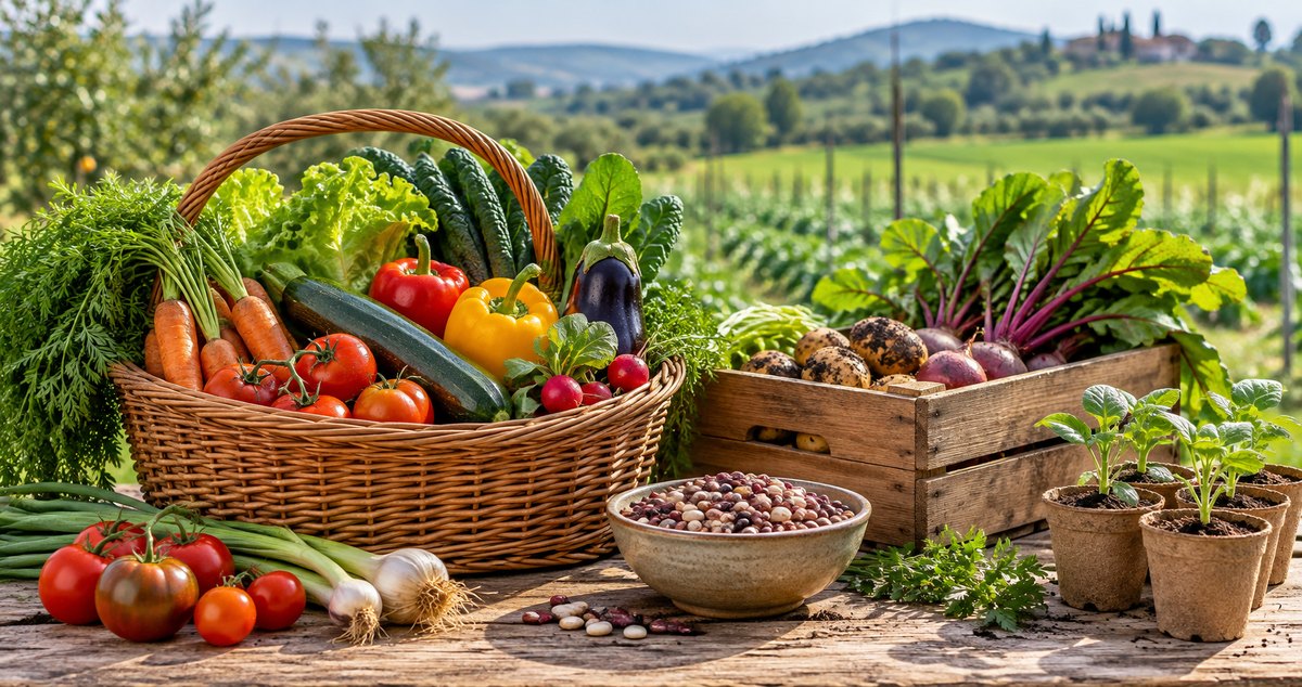 AI-generated representative still life of vegetables, dry beans and seedlings on a farm table beside a field