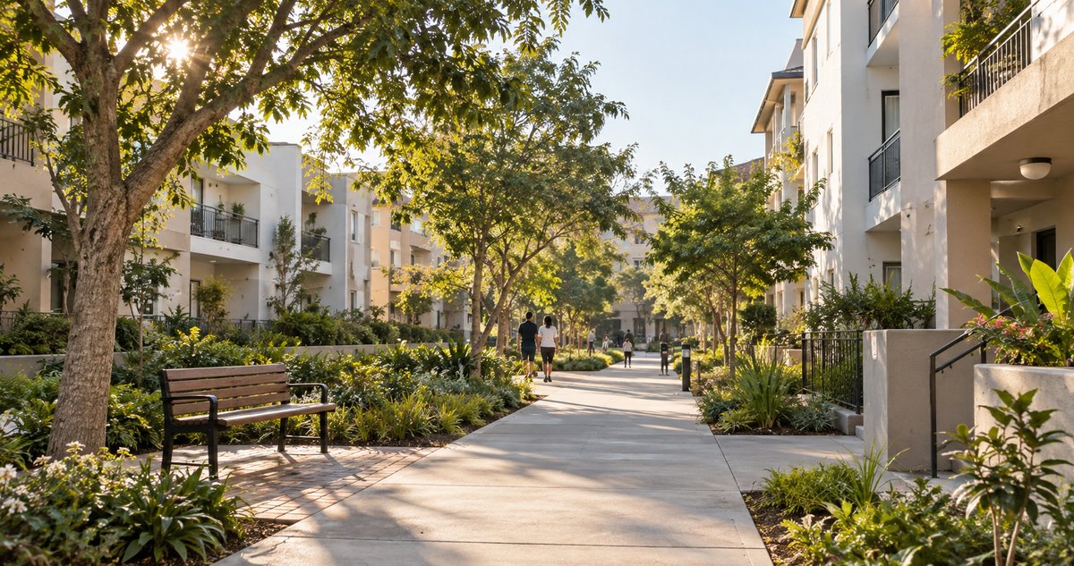 AI-generated representative residential neighborhood with apartment buildings, shade trees and a broad pedestrian path