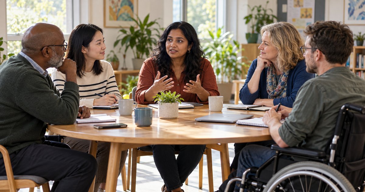 AI-generated representative scene of fictional adults discussing ideas around a community meeting table