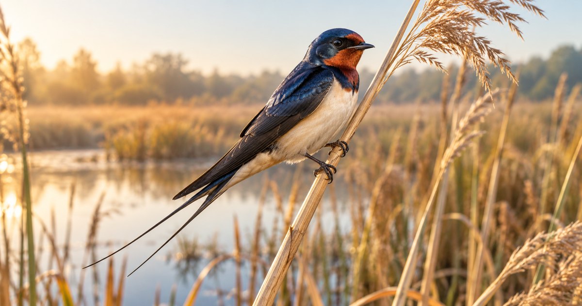 AI-generated representative barn swallow perched on a reed beside a wetland