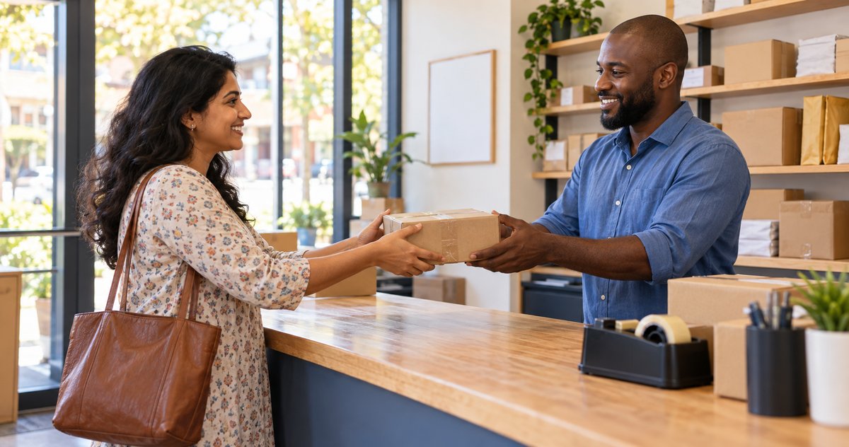 AI-generated representative scene of fictional adults exchanging a parcel at a community postal counter