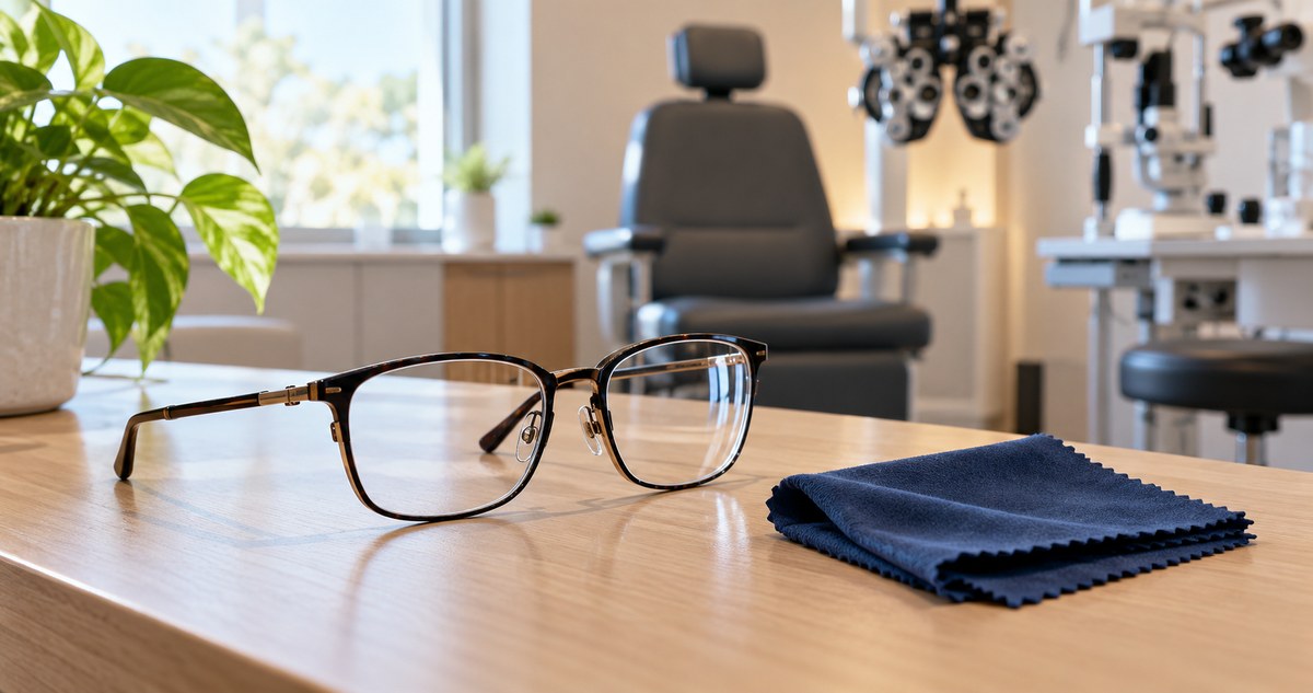 AI-generated realistic eyeglasses and a blue lens cloth on a desk in an optometry room