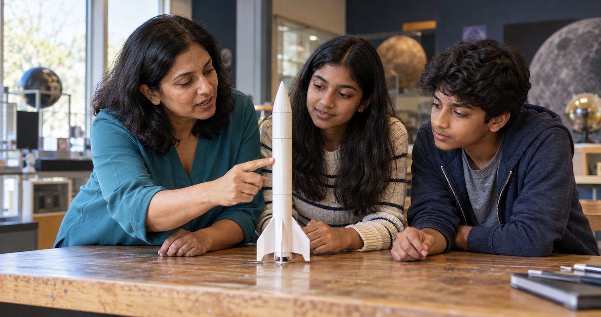 AI-generated scene of a fictional science teacher and two students studying a small white model rocket at a classroom table