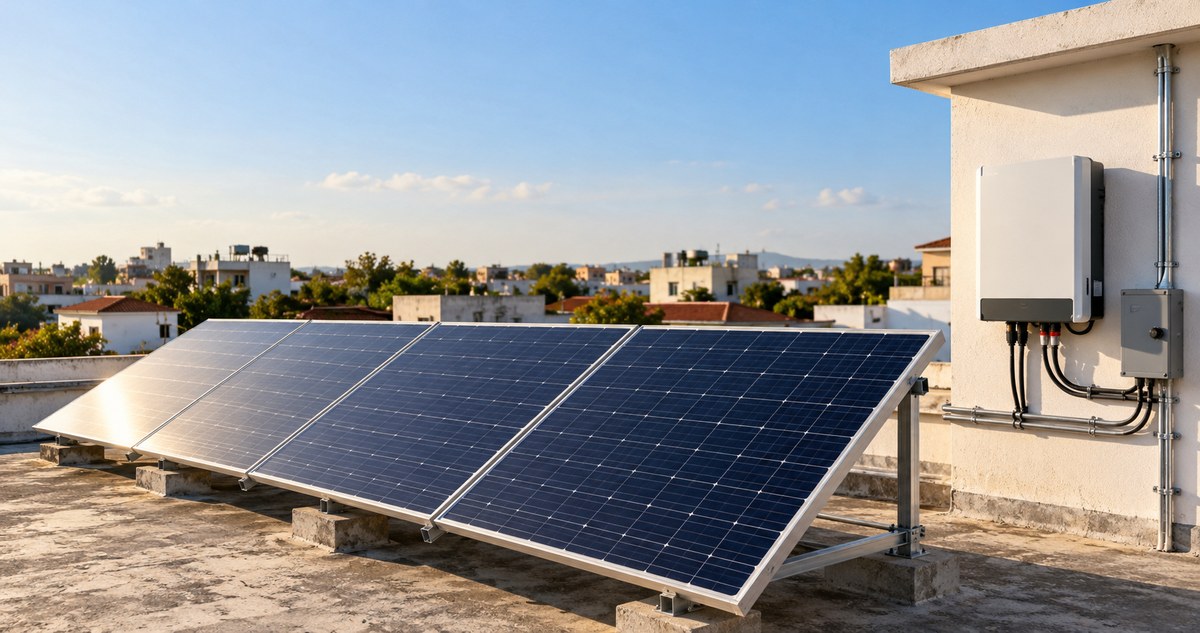 AI-generated realistic view of rooftop solar panels beside an enclosed electrical inverter