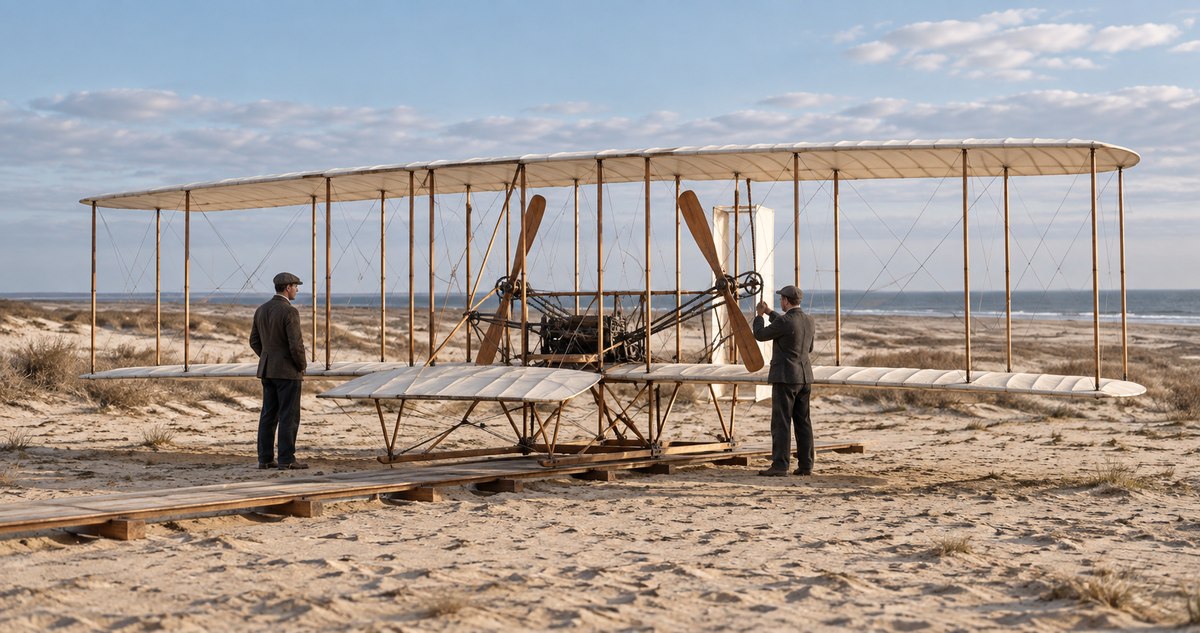 AI-generated realistic historical reconstruction of an early Wright Flyer-inspired flying machine on a sandy launching rail with two fictional mechanics