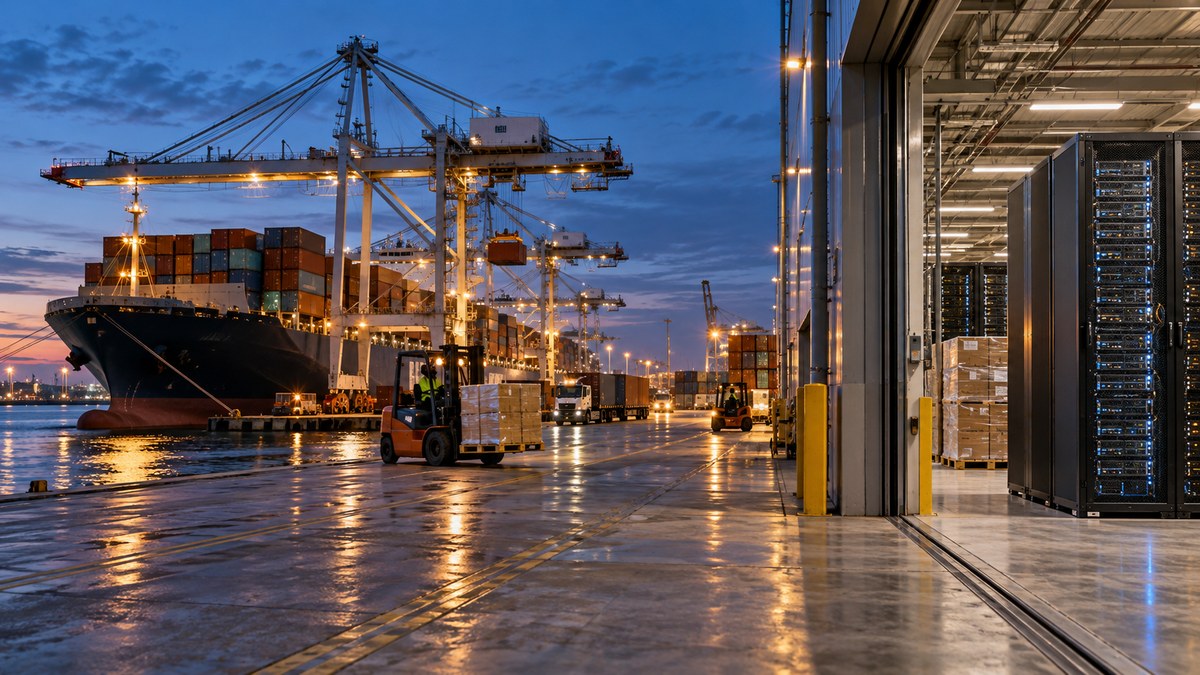 AI-generated illustrative container port and computer equipment warehouse