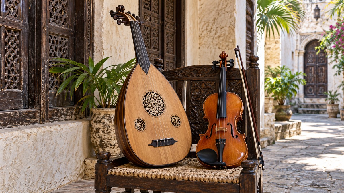 AI-generated still life of an oud and violin in a Zanzibar-style courtyard